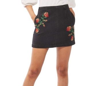 Top Shop Moto Black Denim Embroidered Skirt 8